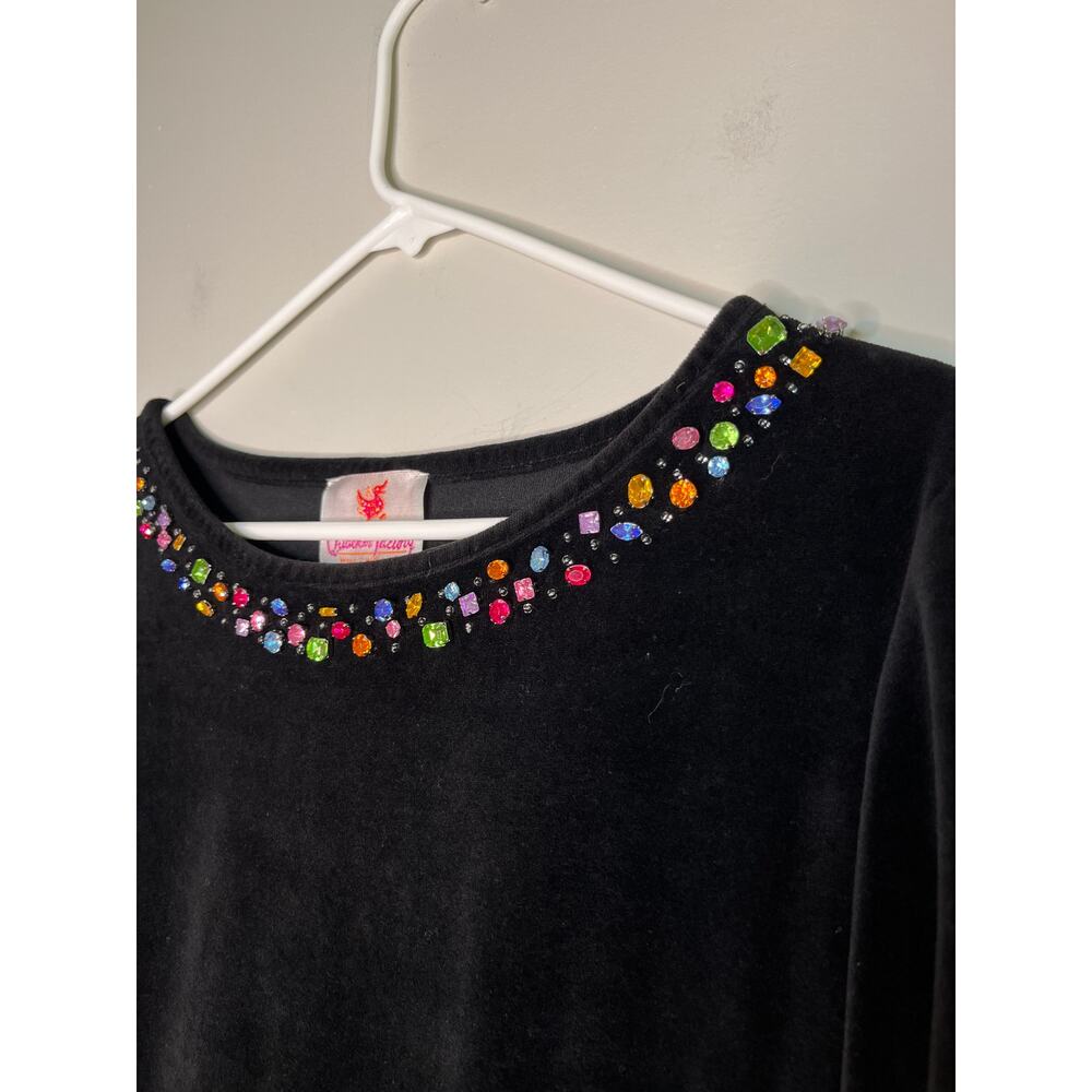 2000s Quacker Factory Black Velvet Rainbow Gemstone Sparkle Boat Neck Shirt L - Picture 4 of 5